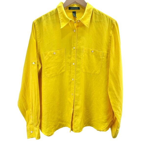 Lauren Ralph Lauren Linen Blouse Women's Size XL Bright Yellow Roll Tab‎ Sleeve - Picture 1 of 4